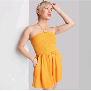 Womens Sleeveless Woven Smocked Romper Orange Medium25.00